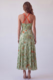 Dusty Sage A-Line Halter Floral Long Formal Dress with Bow