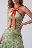 Dusty Sage A-Line Halter Floral Long Formal Dress with Bow