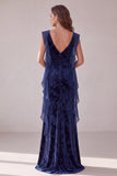 Navy Velvet Sheath Sweetheart Ruched Long Evening Dress with Ruffles