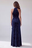 Navy Velvet Sheath Halter Long Evening Dress with Ruffles