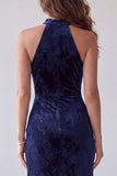 Navy Velvet Sheath Halter Long Evening Dress with Ruffles