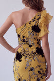 Ginger Yellow Sheath One Shoulder Printed Long Formal Dress with Ruffles