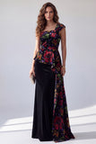 Floral Black Sheath Velvet Printed One Shoulder Long Evening Dress