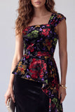 Floral Black Sheath Velvet Printed One Shoulder Long Evening Dress
