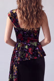Floral Black Sheath Velvet Printed One Shoulder Long Evening Dress