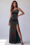 Dark Green Velvet Sheath One Shoulder Printed Floral Formal Dress with Side Slit