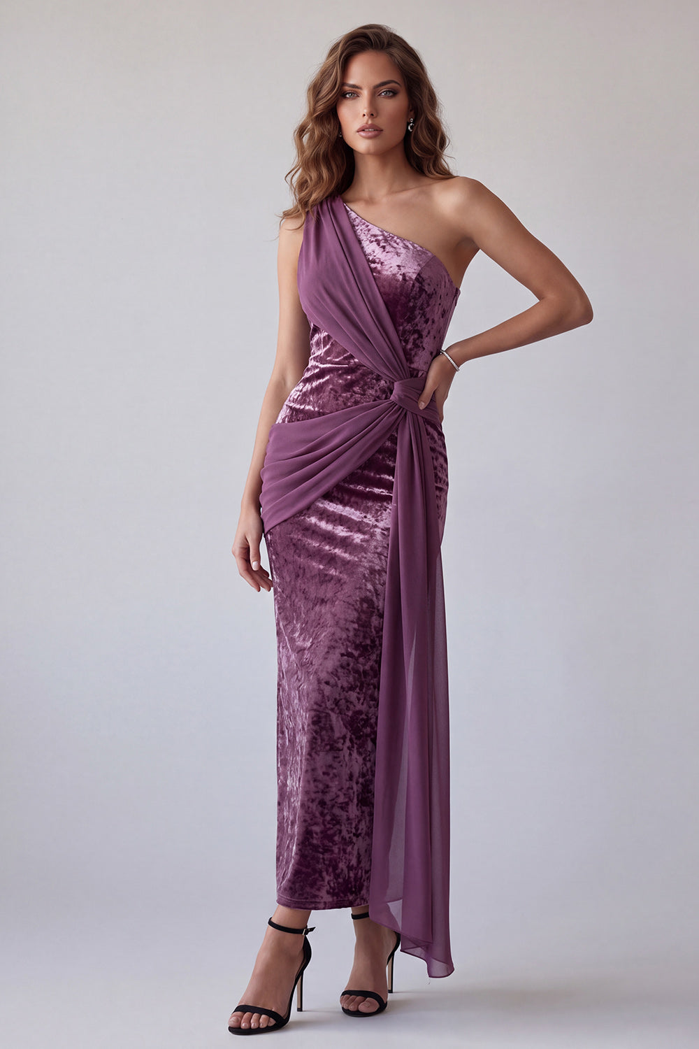 Vintage Mauve Velvet Sheath One Shoulder Draping Long Formal Dress