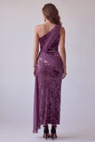 Vintage Mauve Velvet Sheath One Shoulder Draping Long Formal Dress