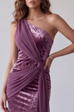 Vintage Mauve Velvet Sheath One Shoulder Draping Long Formal Dress