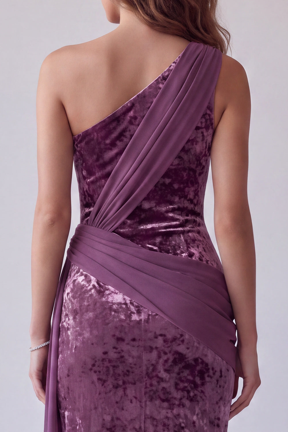 Vintage Mauve Velvet Sheath One Shoulder Draping Long Formal Dress