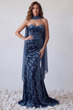 Strapless Navy Velvet Mermaid Ruched Long Dress with Neck Scarf