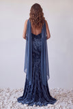 Strapless Navy Velvet Mermaid Ruched Long Dress with Neck Scarf