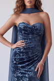 Strapless Navy Velvet Mermaid Ruched Long Dress with Neck Scarf