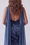 Strapless Navy Velvet Mermaid Ruched Long Dress with Neck Scarf
