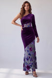 Plum Velvet One Shoulder Sheath Long Evening Dress with Flower