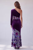 Plum Velvet One Shoulder Sheath Long Evening Dress with Flower