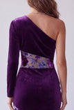 Plum Velvet One Shoulder Sheath Long Evening Dress with Flower