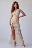 Ivory One Shoulder Sheath Floral Long Evening Dress with Side Slit