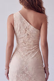 Ivory One Shoulder Sheath Floral Long Evening Dress with Side Slit
