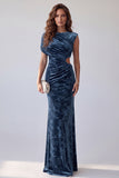 Navy Printed Sheath Asymmetrical Neck Ruched Long Formal Dress