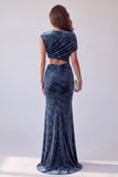 Navy Printed Sheath Asymmetrical Neck Ruched Long Formal Dress