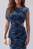 Navy Printed Sheath Asymmetrical Neck Ruched Long Formal Dress