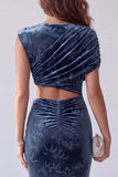 Navy Printed Sheath Asymmetrical Neck Ruched Long Formal Dress