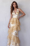 Halter Champagne A-Line Tiered Long Formal Dress with Ruffles