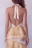 Halter Champagne A-Line Tiered Long Formal Dress with Ruffles