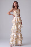 Champagne One Shoulder A-Line Tiered Ruffled Long Formal Dress