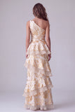 Champagne One Shoulder A-Line Tiered Ruffled Long Formal Dress