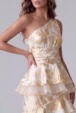 Champagne One Shoulder A-Line Tiered Ruffled Long Formal Dress