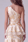 Champagne One Shoulder A-Line Tiered Ruffled Long Formal Dress