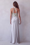 Halter Grey Satin Floral Sheath Long Formal Dress