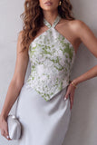 Halter Grey Satin Floral Sheath Long Formal Dress