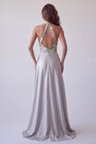 Grey Floral Satin A-Line Halter Long Formal Dress