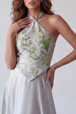 Grey Floral Satin A-Line Halter Long Formal Dress