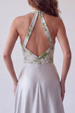Grey Floral Satin A-Line Halter Long Formal Dress