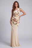 One Shoulder Champagne Sheath Ruched Long Formal Dress with Flower