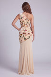One Shoulder Champagne Sheath Ruched Long Formal Dress with Flower