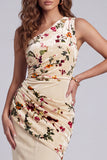 One Shoulder Champagne Sheath Ruched Long Formal Dress with Flower