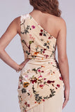 One Shoulder Champagne Sheath Ruched Long Formal Dress with Flower