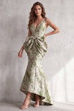 High-Low Dusty Sage Mermaid V-Neck Long Formal Dress with Bow