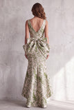 High-Low Dusty Sage Mermaid V-Neck Long Formal Dress with Bow