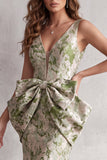 High-Low Dusty Sage Mermaid V-Neck Long Formal Dress with Bow
