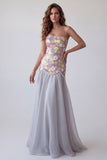 Sparkly Grey Mermaid Strapless Floral Long Formal Dress with Pearls