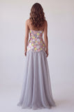 Sparkly Grey Mermaid Strapless Floral Long Formal Dress with Pearls
