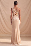 Champagne One Shoulder Velvet Sheath Floral Corset Ruched Long Formal Dress with Slit
