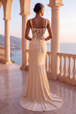 Floral Champagne Corset Mermaid Ruched Long Formal Dress with Sweep Train
