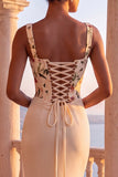 Floral Champagne Corset Mermaid Ruched Long Formal Dress with Sweep Train